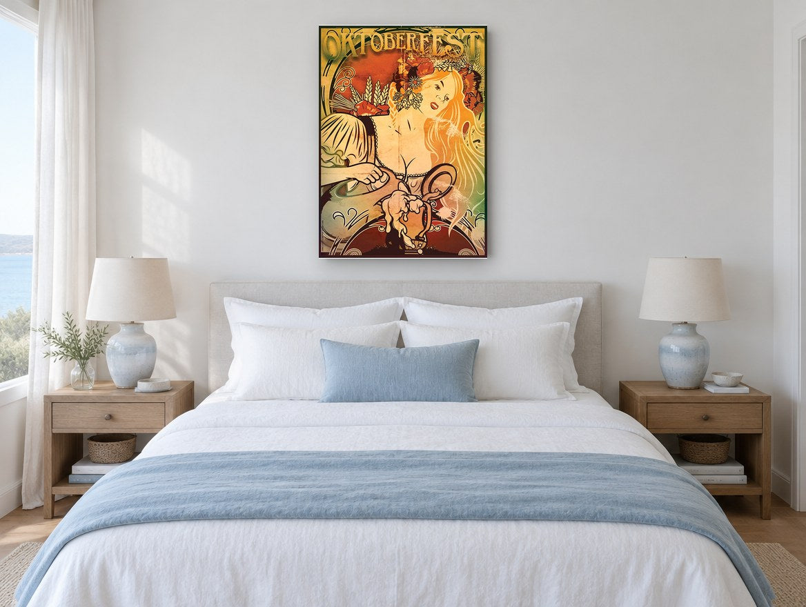 Oktoberfest Harvest Maiden floral canvas print on the wall of a coastal bedroom