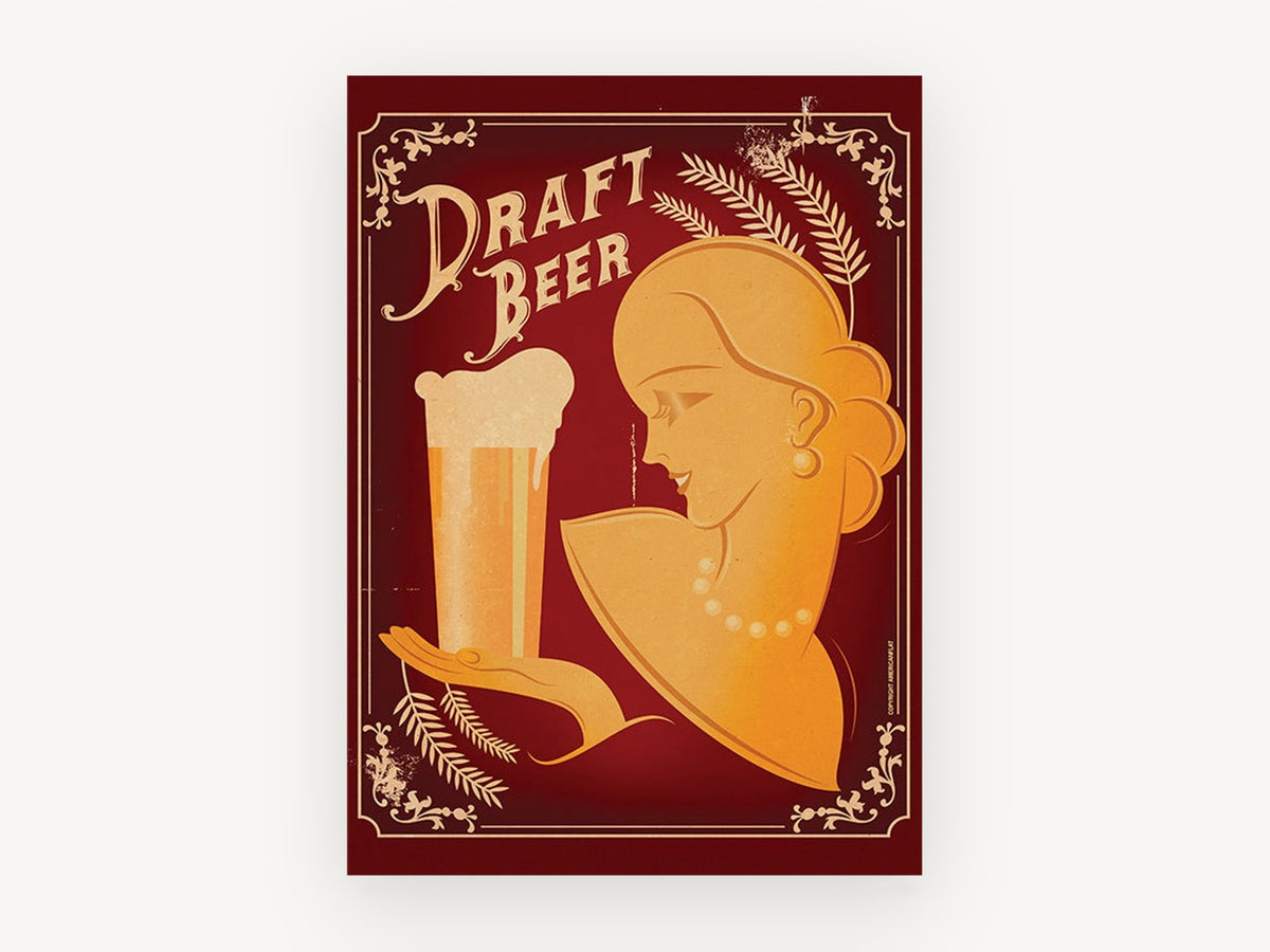 Art Deco Beer Lady, kitchen canvas wall art print, front view