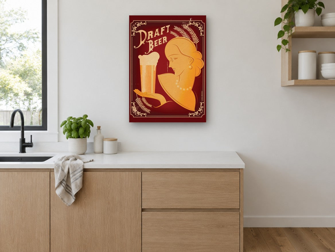 Art Deco Beer Lady kitchen canvas print on the wall of a kitchen