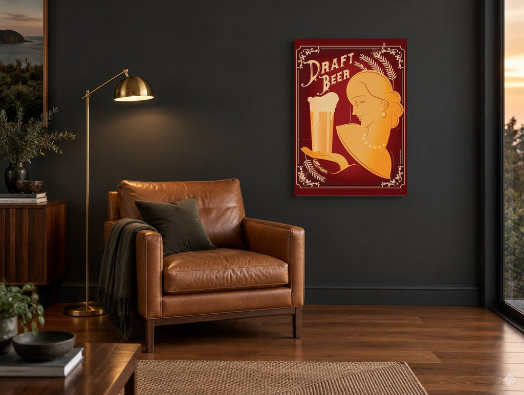 Art Deco Beer Lady kitchen canvas print on the wall of a charcoal living room