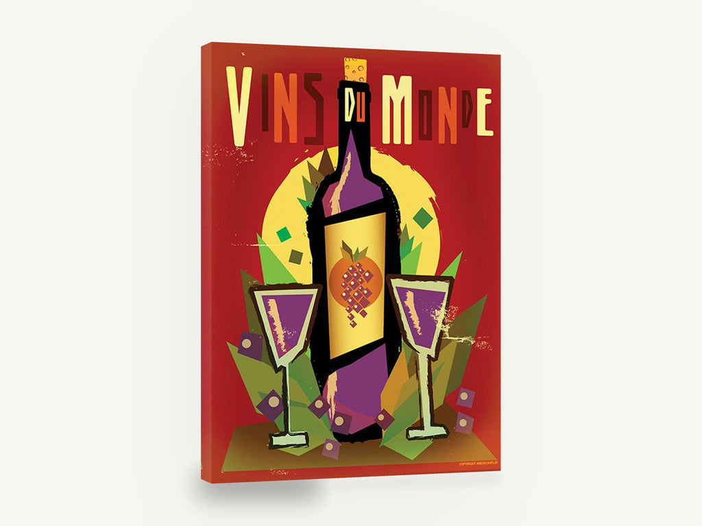 Vins Du Monde Poster, retro wine bottle poster kitchen, kitchen canvas wall art print ready to hang