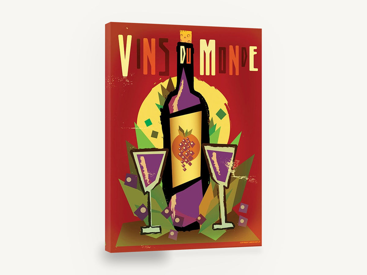Vins Du Monde Poster, retro wine bottle poster kitchen, kitchen canvas wall art print ready to hang