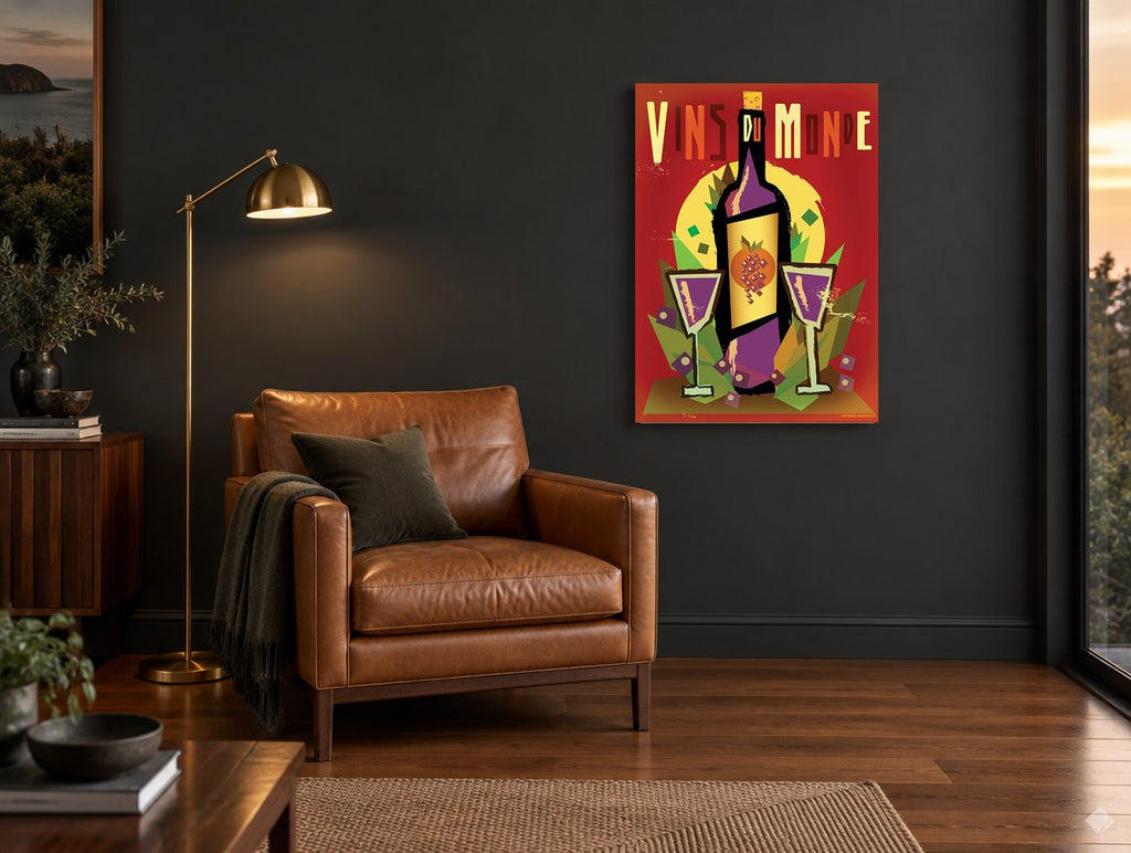 Vins Du Monde Poster kitchen canvas print on the wall of a charcoal living room