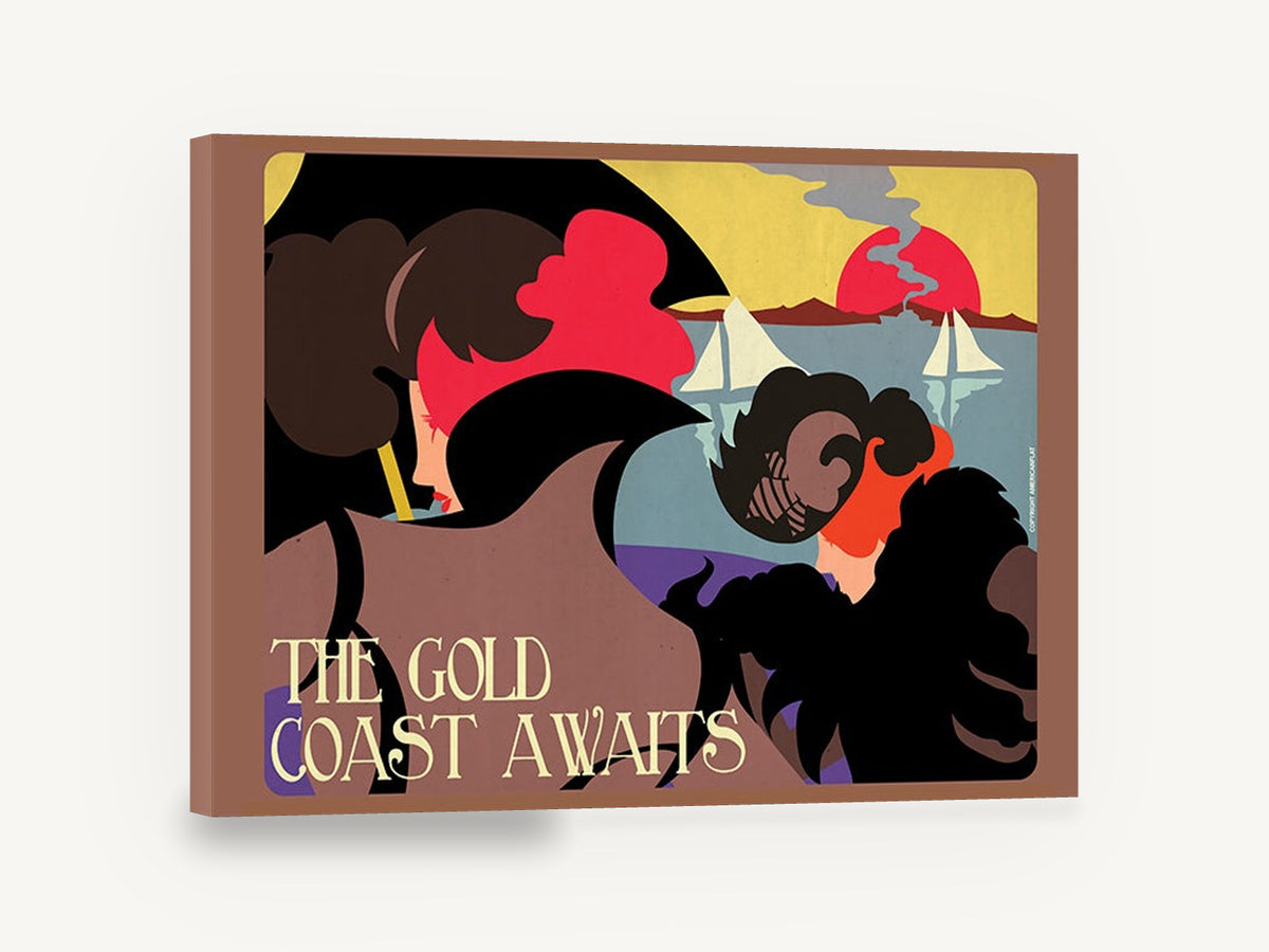 Gold Coast Awaits, retro gold coast travel poster, stretched canvas wall art print ready to hang