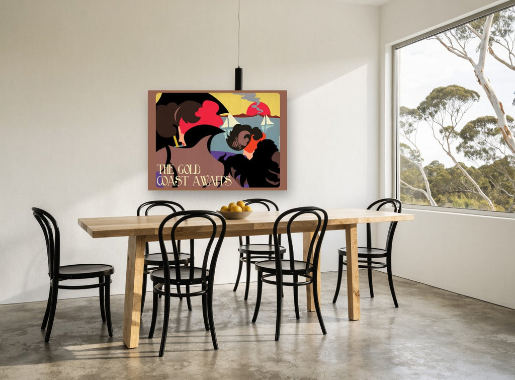 Gold Coast Awaits vintage canvas print on the wall of a dining room
