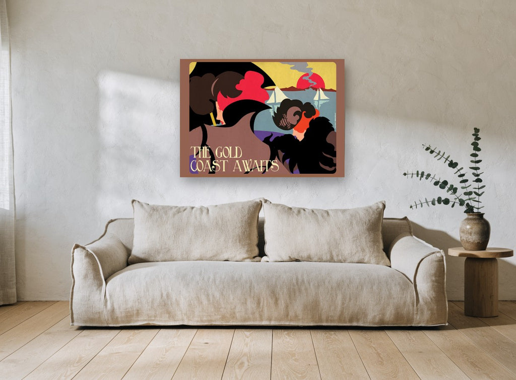 Gold Coast Awaits vintage canvas print on the wall of a living room