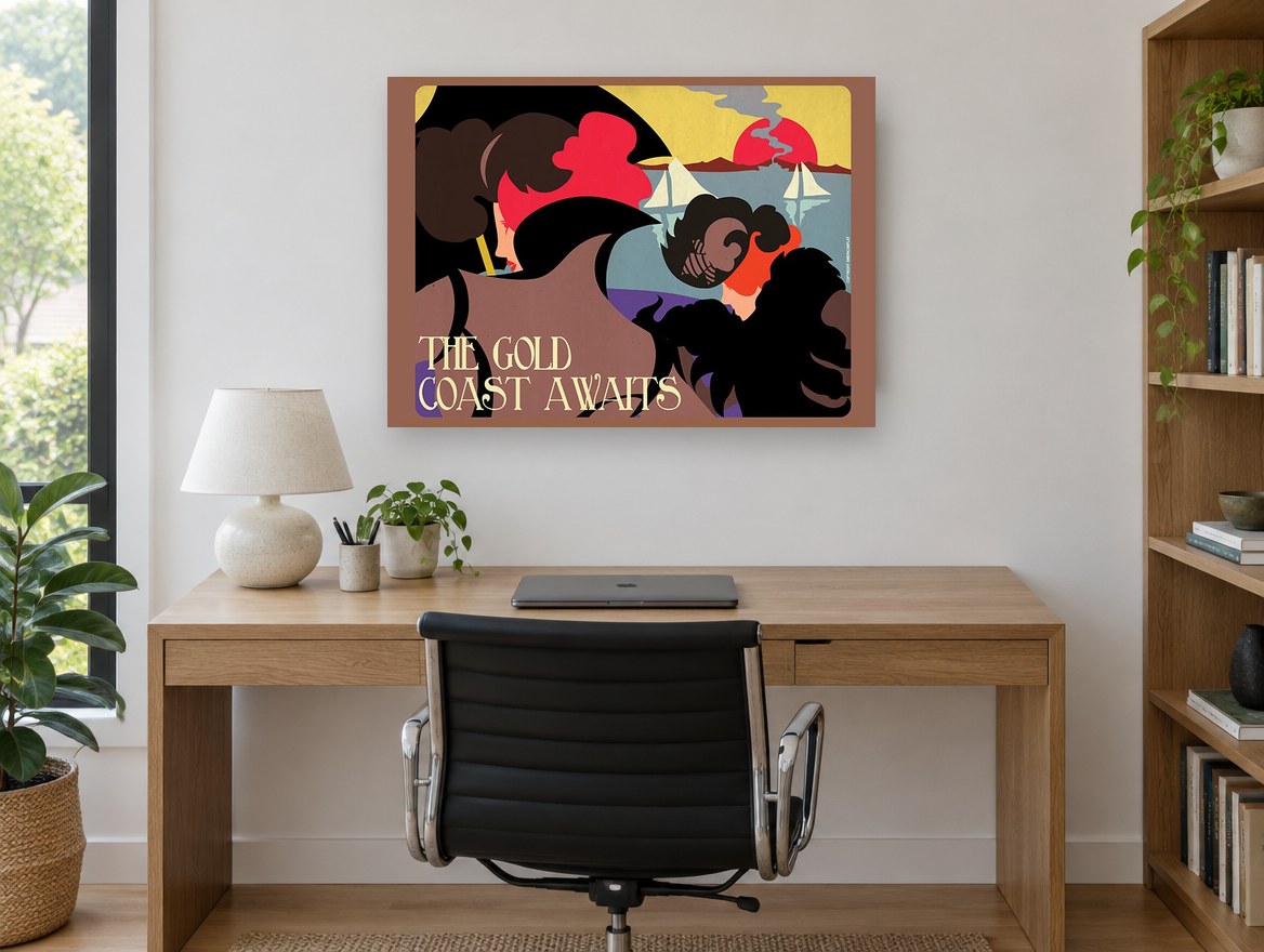 Gold Coast Awaits vintage canvas print on the wall of a study
