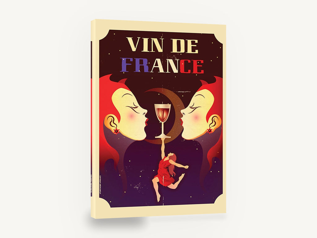 Moonlit Wine Toast, vin de france retro wine poster, kitchen canvas wall art print ready to hang