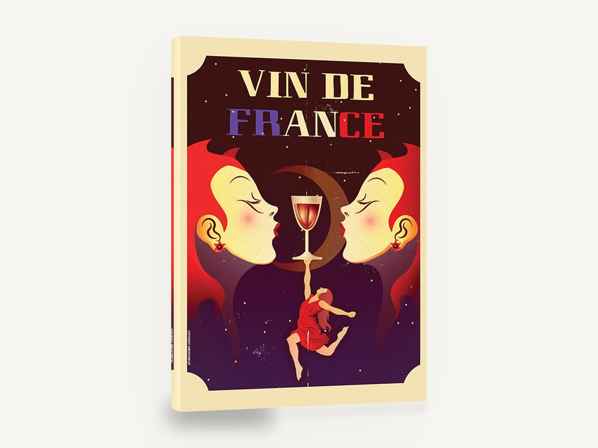 Moonlit Wine Toast, vin de france retro wine poster, kitchen canvas wall art print ready to hang