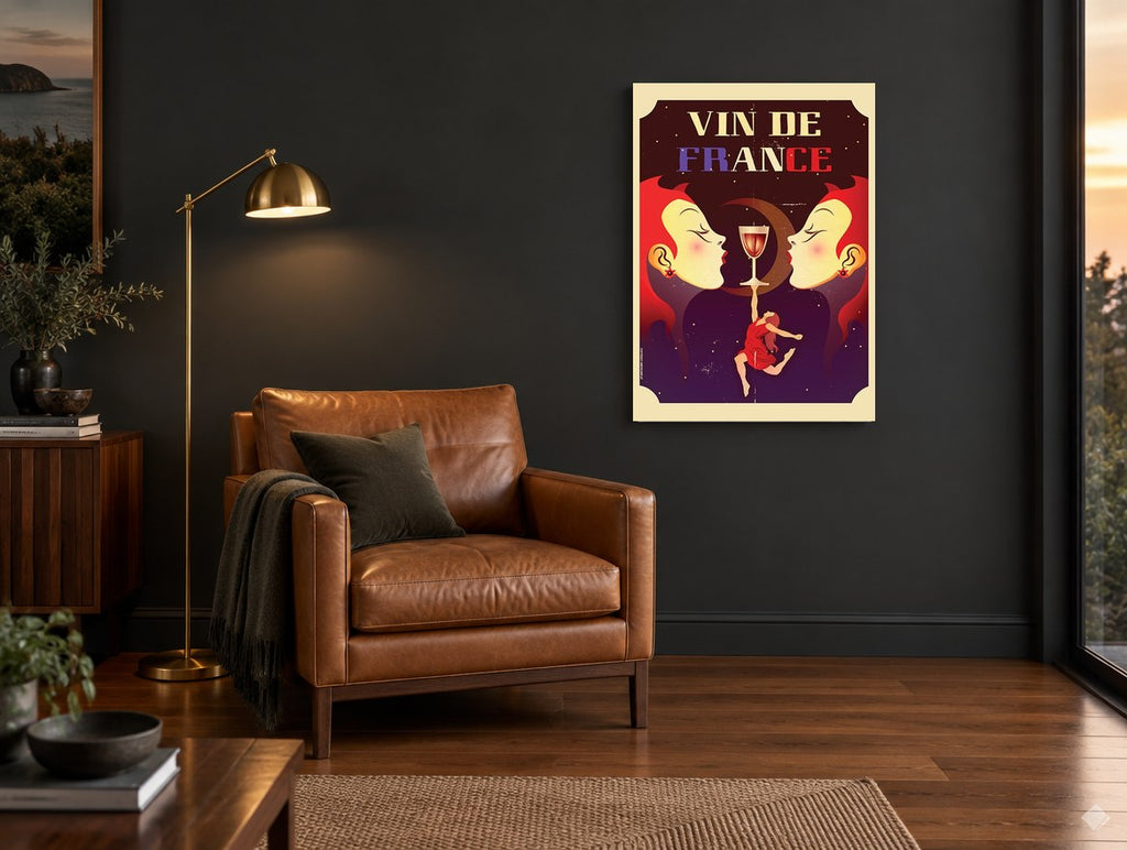 Moonlit Wine Toast kitchen canvas print on the wall of a charcoal living room
