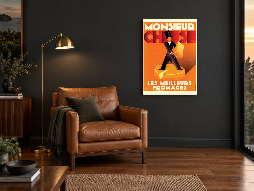 Monsieur Fromage Poster kitchen canvas print on the wall of a charcoal living room