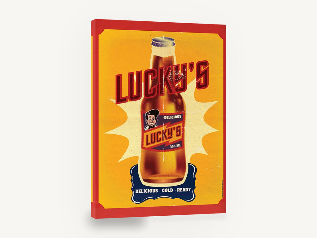 Lucky's Cold Beer, retro beer bottle advertising poster, kitchen canvas wall art print ready to hang