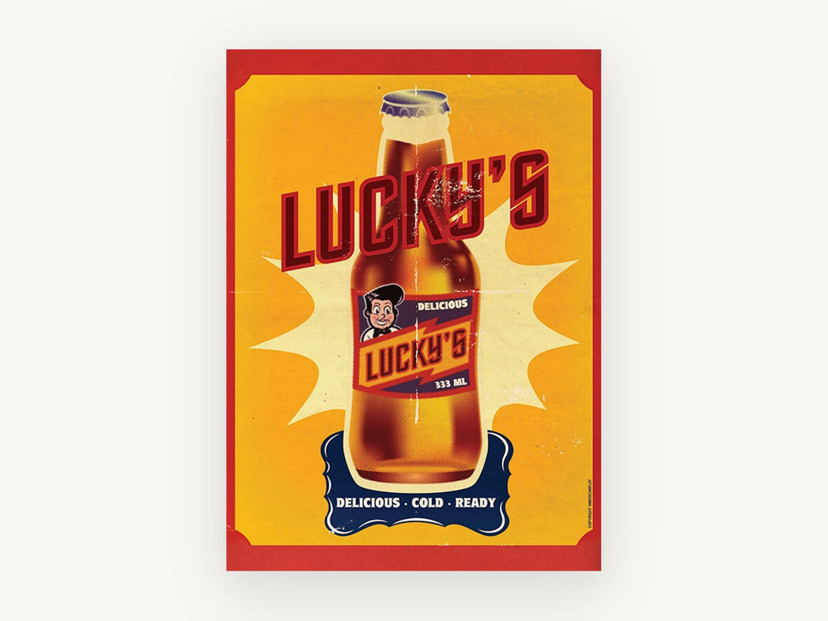 Lucky's Cold Beer, kitchen canvas wall art print, front view