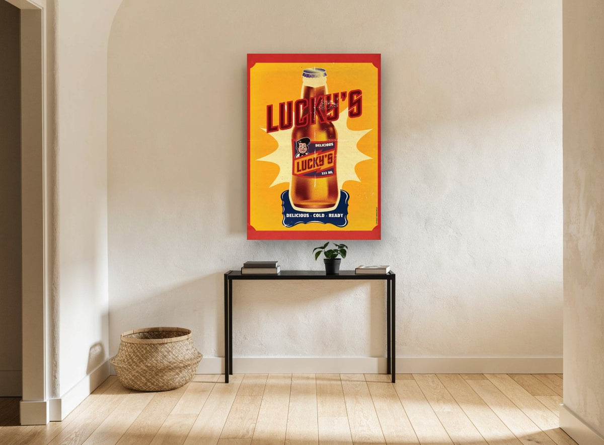 Lucky's Cold Beer kitchen canvas print on the wall of a hallway
