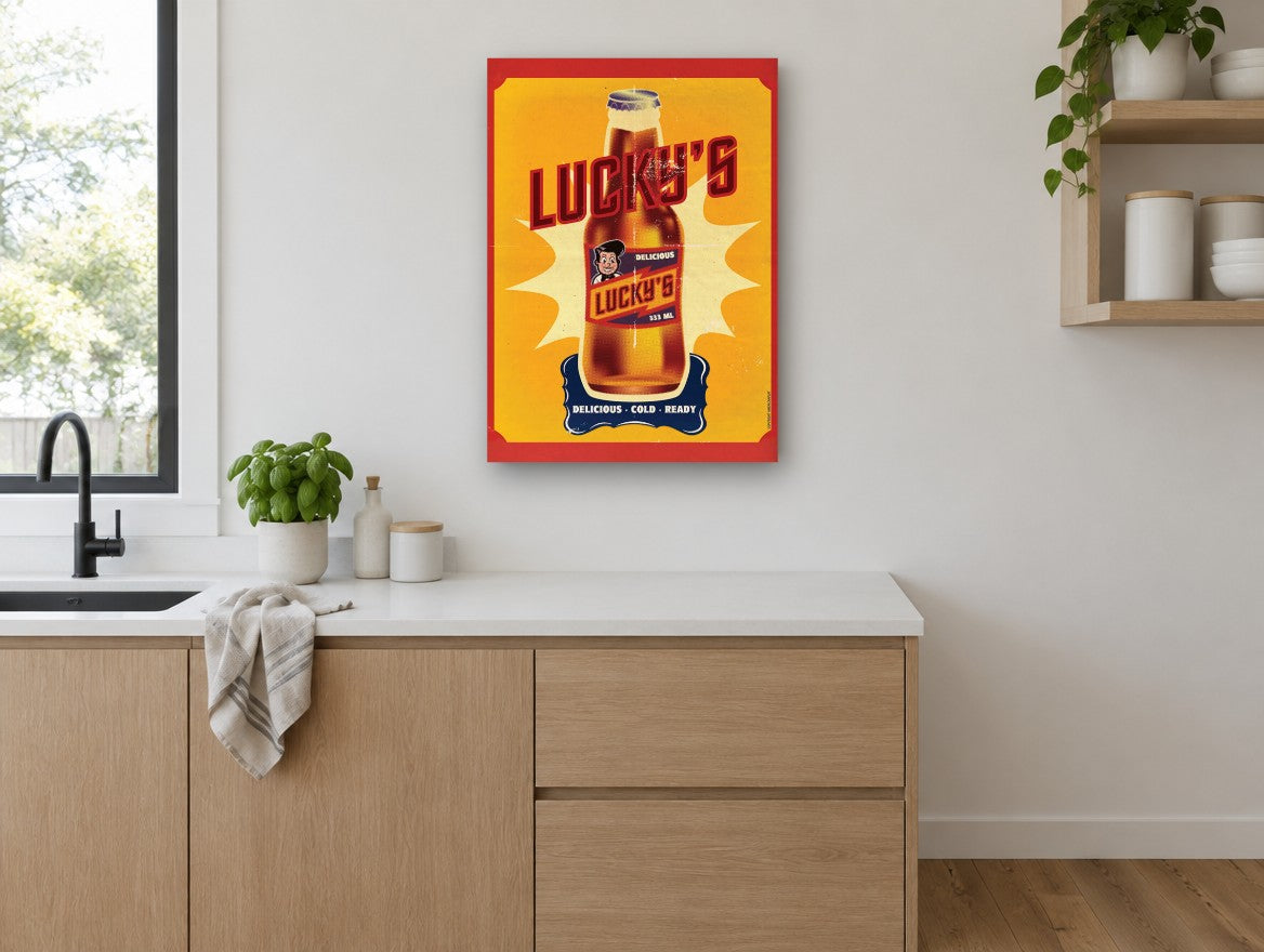 Lucky's Cold Beer kitchen canvas print on the wall of a kitchen