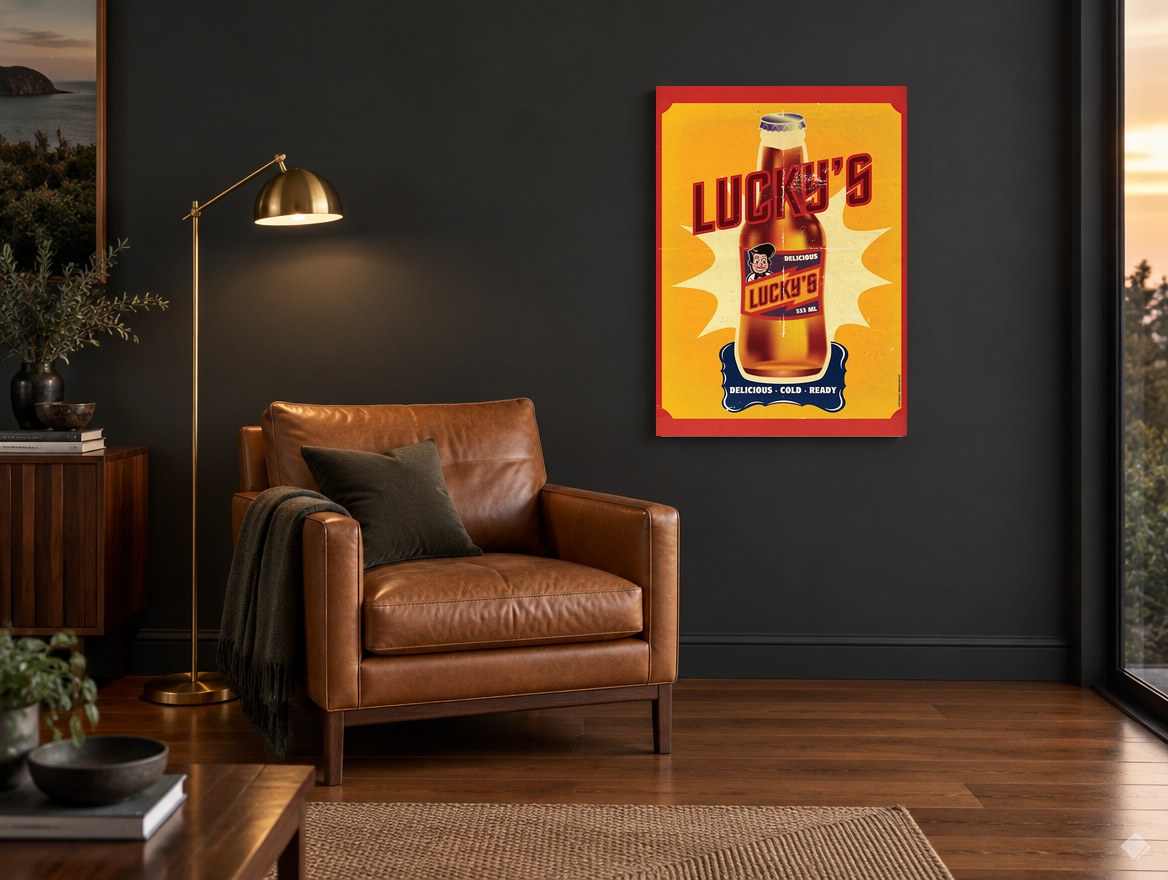 Lucky's Cold Beer kitchen canvas print on the wall of a charcoal living room