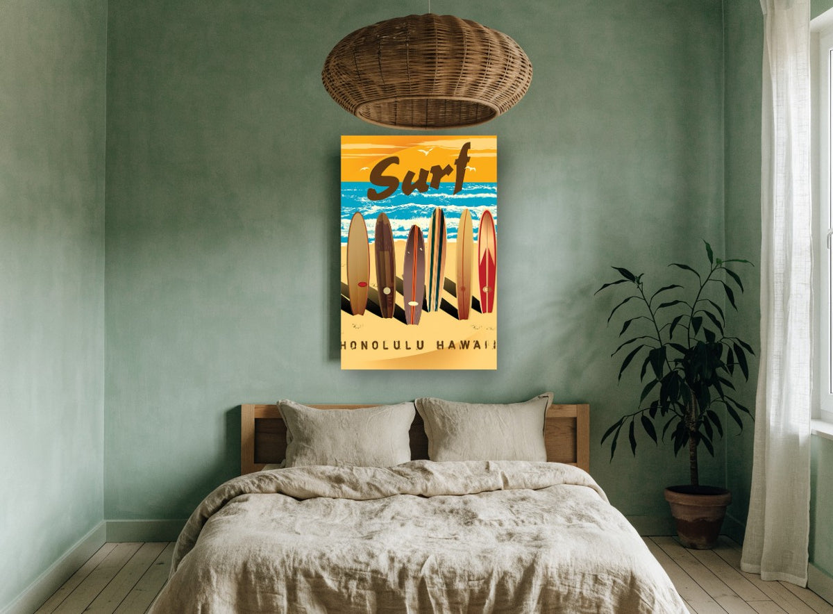 Honolulu Surfboard Row coastal canvas print on the wall of a bedroom