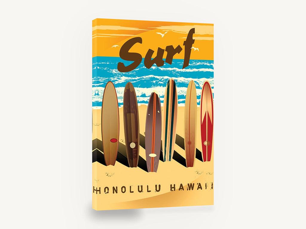 Honolulu Surfboard Row, retro honolulu surfboards poster illustration, coastal canvas wall art print ready to hang