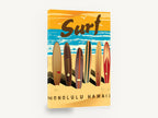 Honolulu Surfboard Row, retro honolulu surfboards poster illustration, coastal canvas wall art print ready to hang