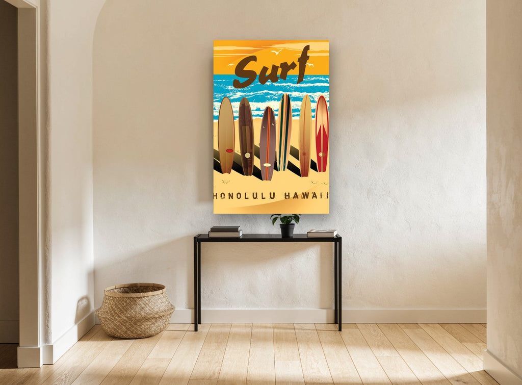 Honolulu Surfboard Row coastal canvas print on the wall of a hallway