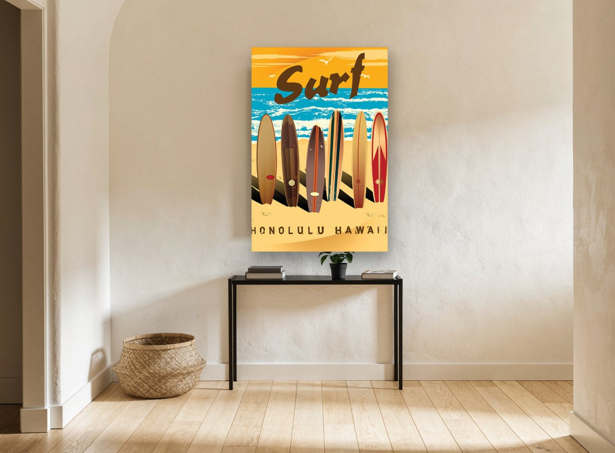 Honolulu Surfboard Row coastal canvas print on the wall of a hallway