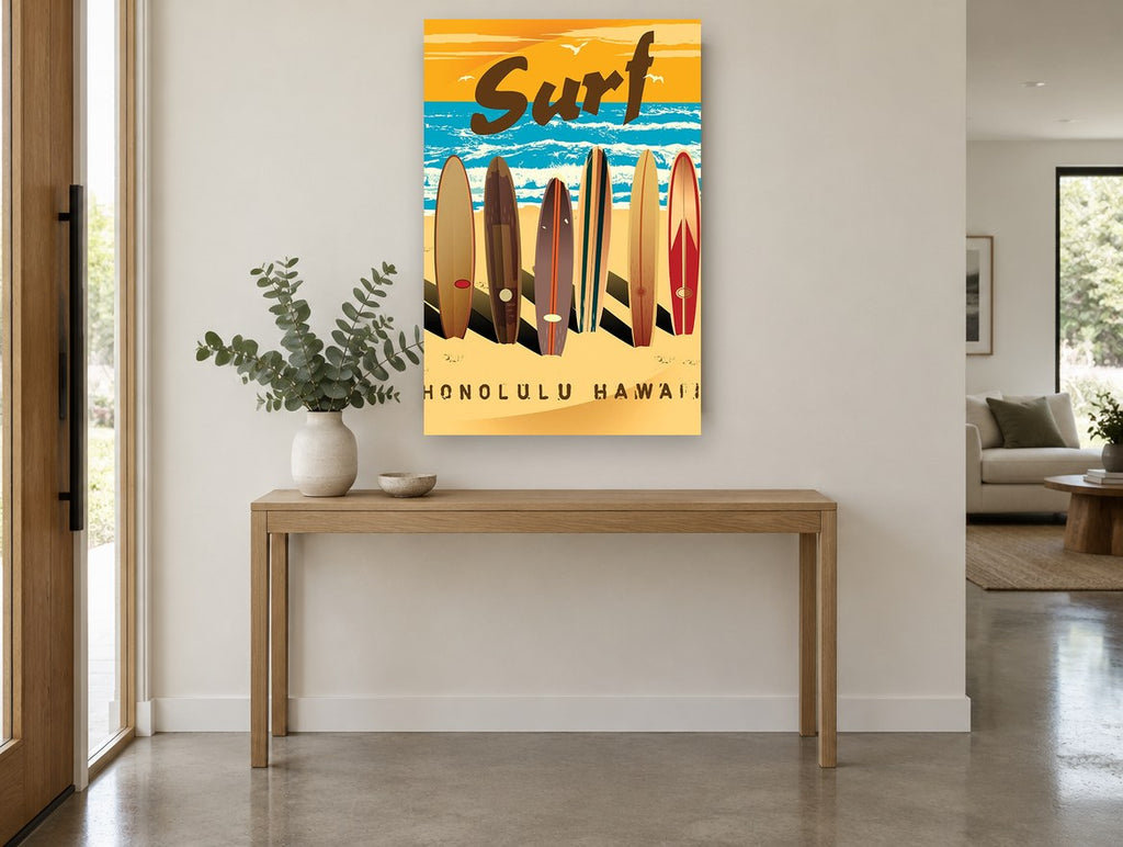 Honolulu Surfboard Row coastal canvas print on the wall of a entry hall
