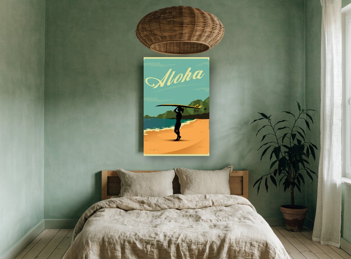Aloha Surfer Silhouette coastal canvas print on the wall of a bedroom