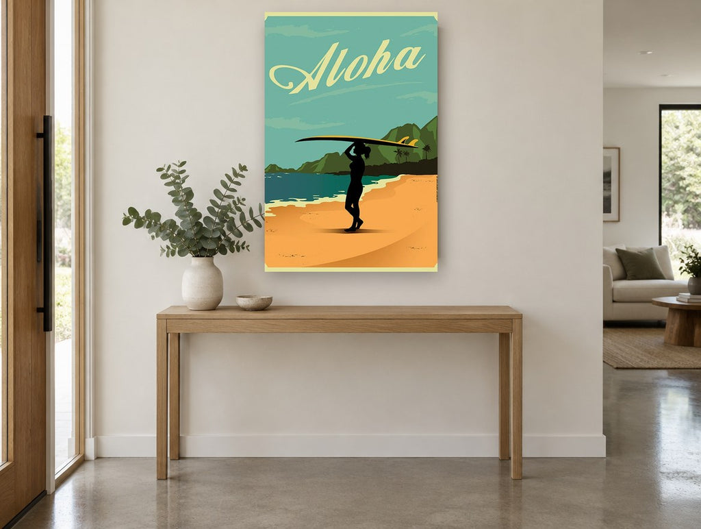 Aloha Surfer Silhouette coastal canvas print on the wall of a entry hall