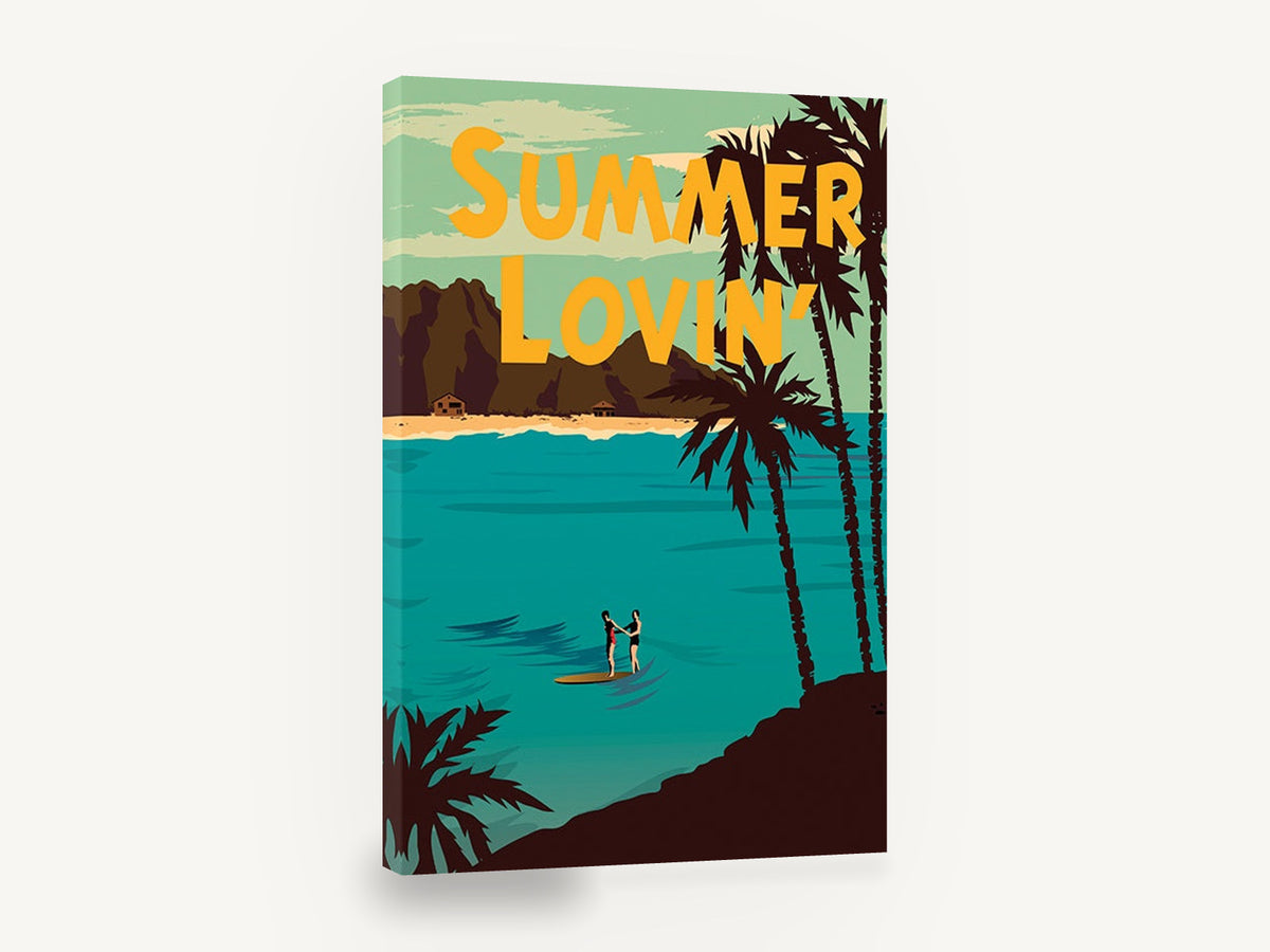 Summer Lovin' Lagoon, retro surf poster palm lagoon, coastal canvas wall art print ready to hang