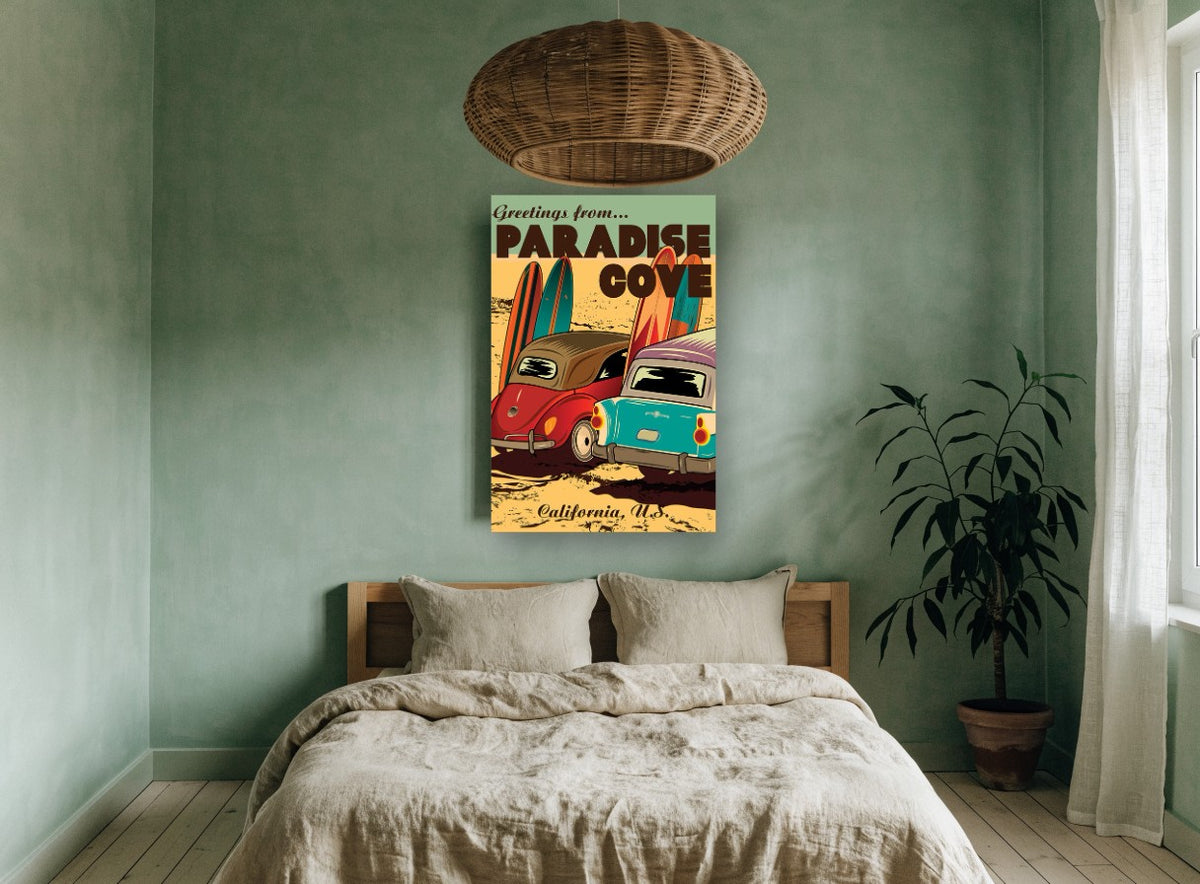 Paradise Cove Surf Wagons coastal canvas print on the wall of a bedroom