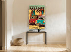 Paradise Cove Surf Wagons coastal canvas print on the wall of a hallway