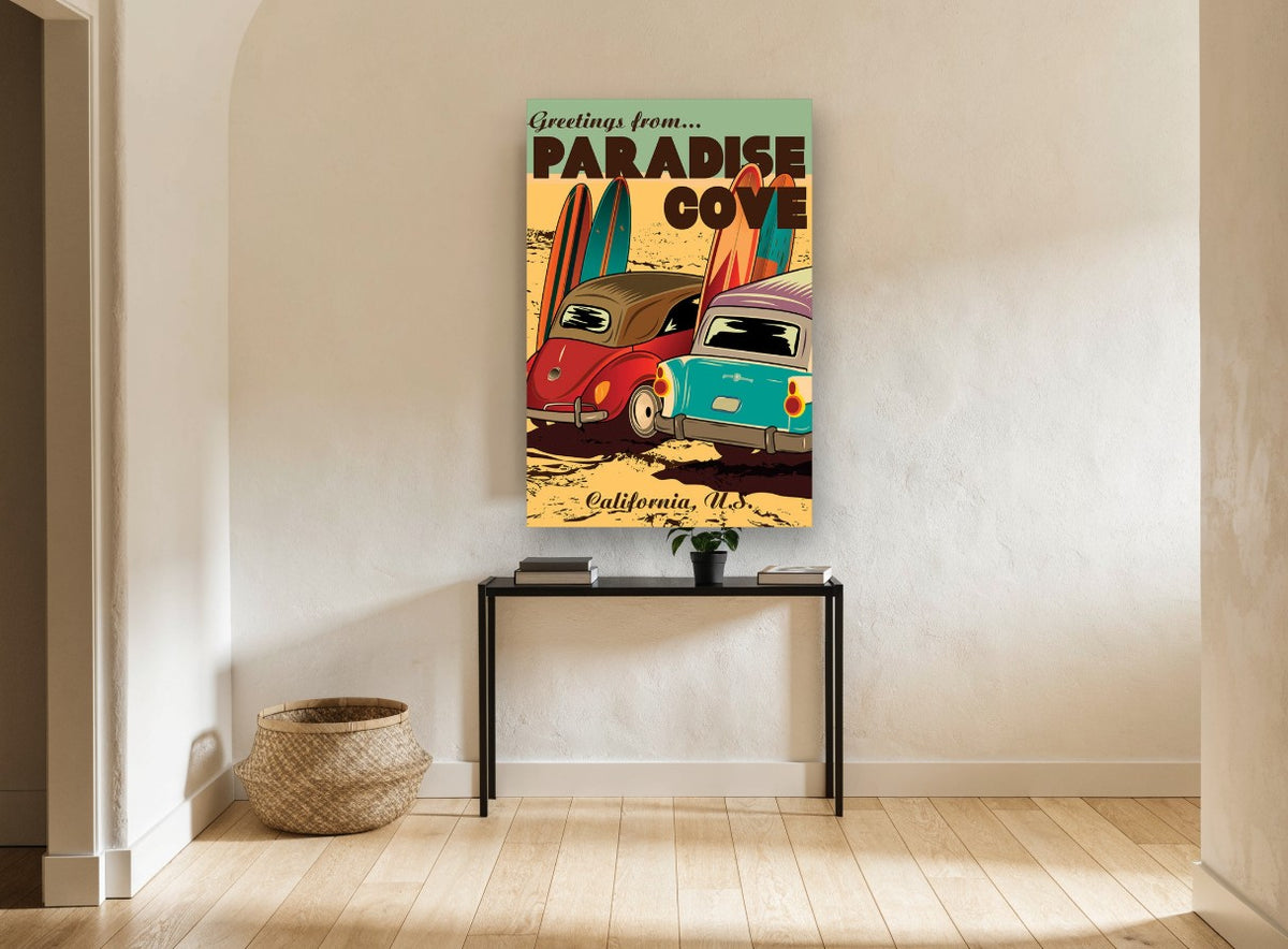 Paradise Cove Surf Wagons coastal canvas print on the wall of a hallway