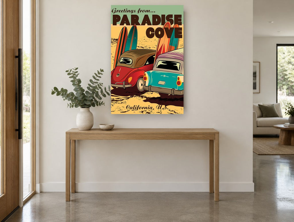 Paradise Cove Surf Wagons coastal canvas print on the wall of a entry hall