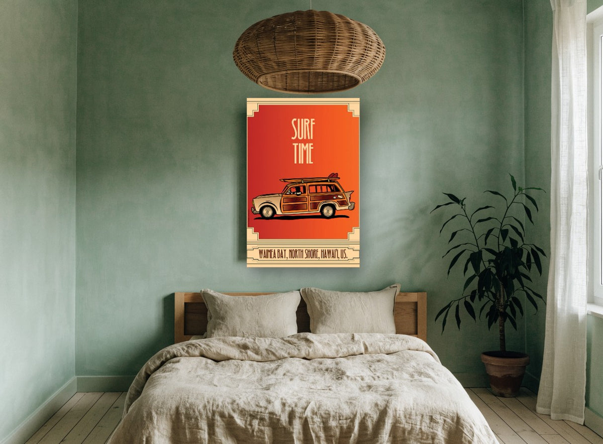 Woody Wagon Surf Time coastal canvas print on the wall of a bedroom