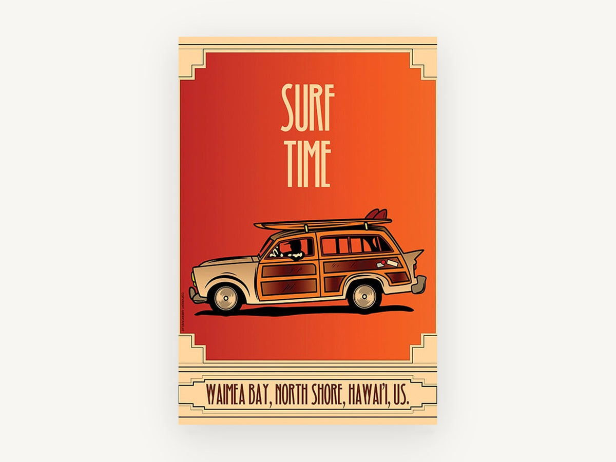 Woody Wagon Surf Time, coastal canvas wall art print, front view