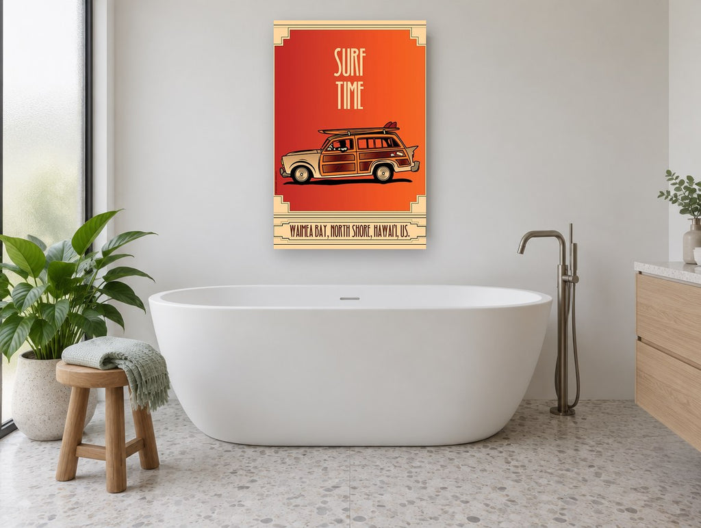 Woody Wagon Surf Time coastal canvas print on the wall of a bathroom