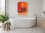 Woody Wagon Surf Time coastal canvas print on the wall of a bathroom