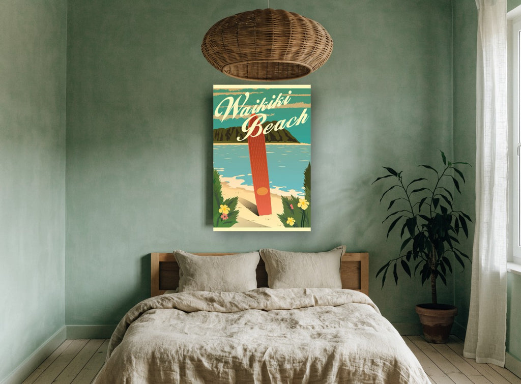 Waikiki Surfboard Poster coastal canvas print on the wall of a bedroom