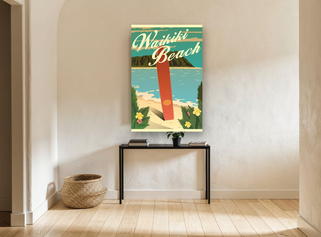 Waikiki Surfboard Poster coastal canvas print on the wall of a hallway