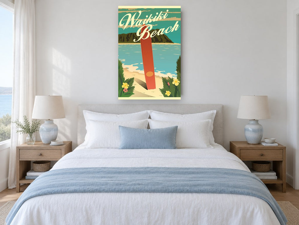 Waikiki Surfboard Poster coastal canvas print on the wall of a coastal bedroom