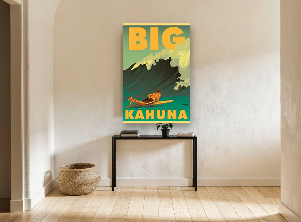 Big Kahuna Surf Poster coastal canvas print on the wall of a hallway