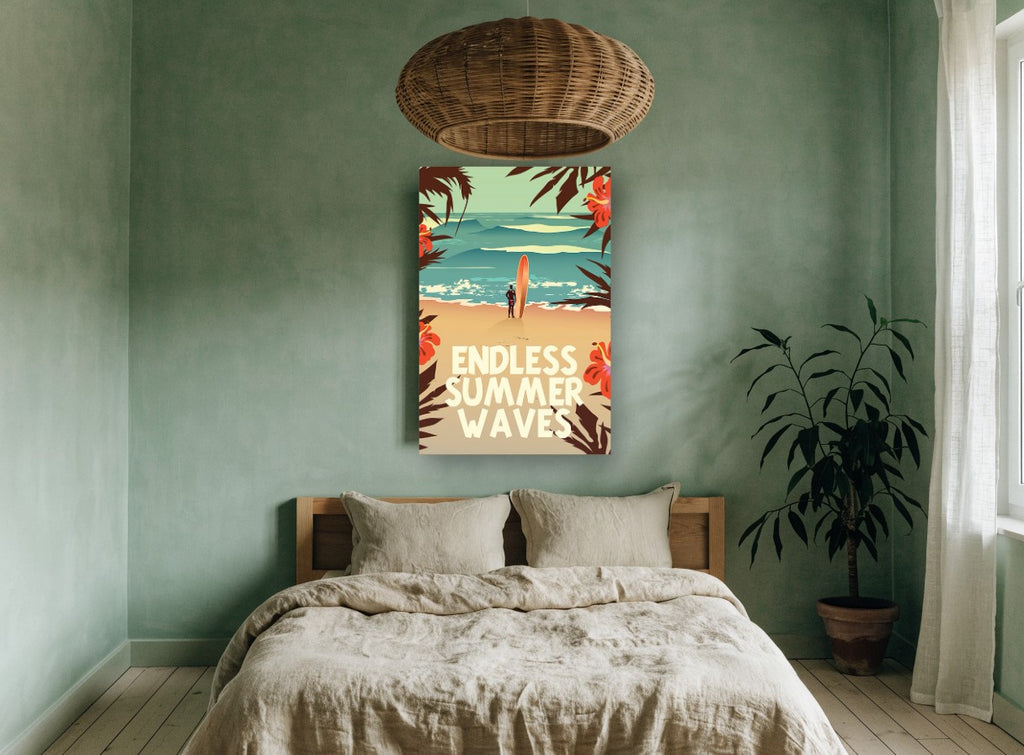 Hibiscus Surf Poster coastal canvas print on the wall of a bedroom