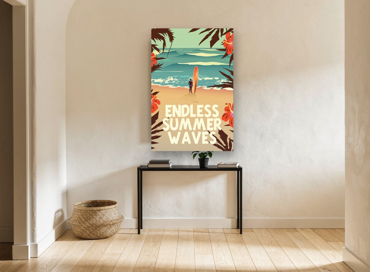 Hibiscus Surf Poster coastal canvas print on the wall of a hallway