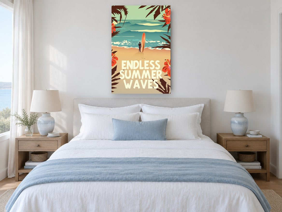 Hibiscus Surf Poster coastal canvas print on the wall of a coastal bedroom