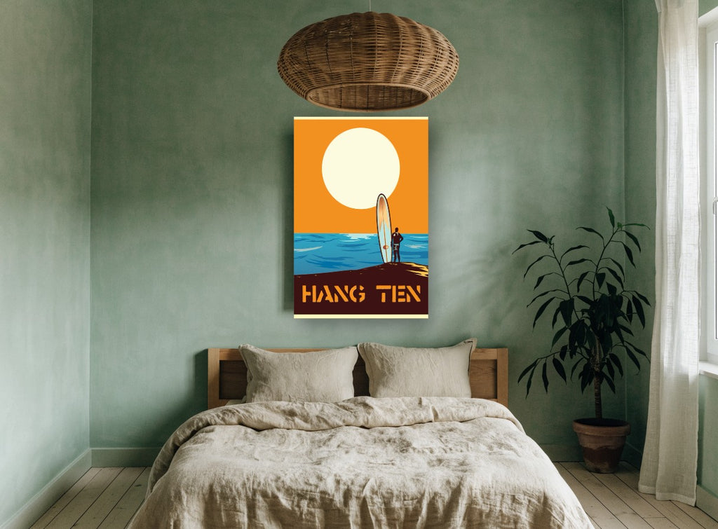 Surfer at Sunset Poster coastal canvas print on the wall of a bedroom