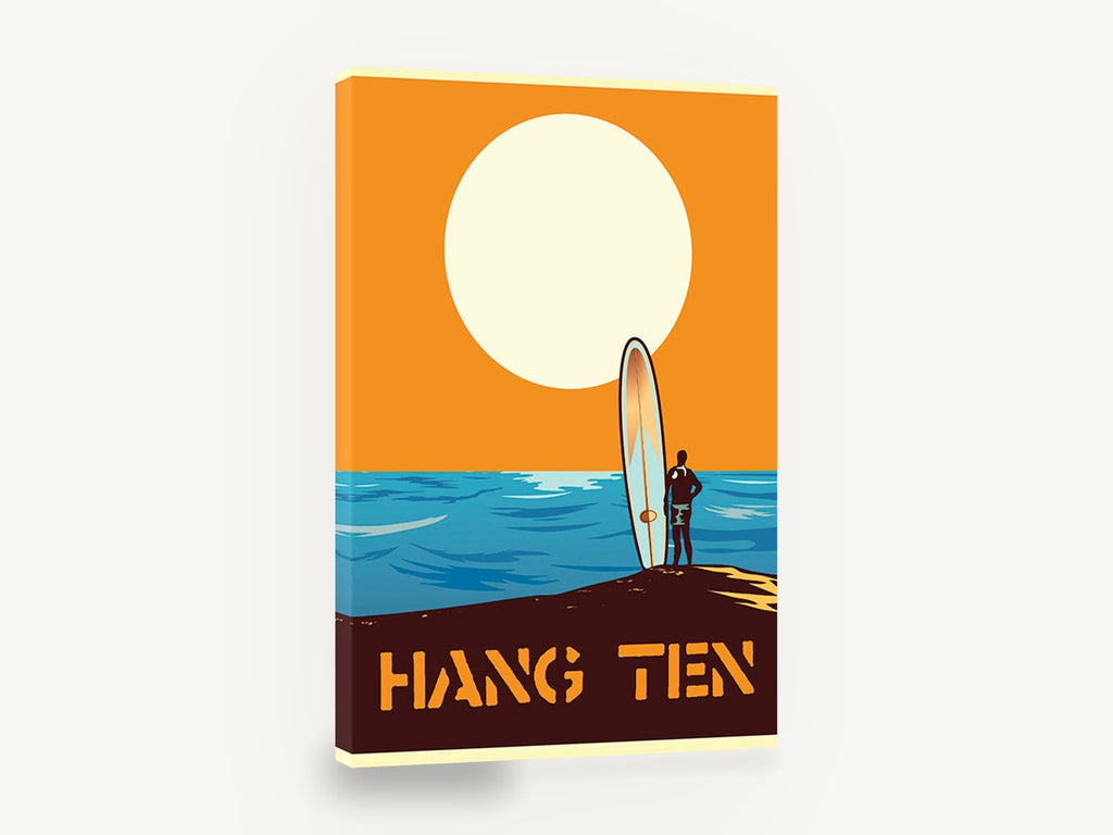 Surfer at Sunset Poster, retro surfer hang ten poster, coastal canvas wall art print ready to hang