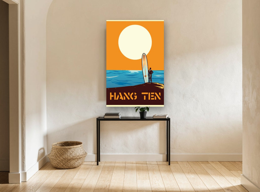 Surfer at Sunset Poster coastal canvas print on the wall of a hallway