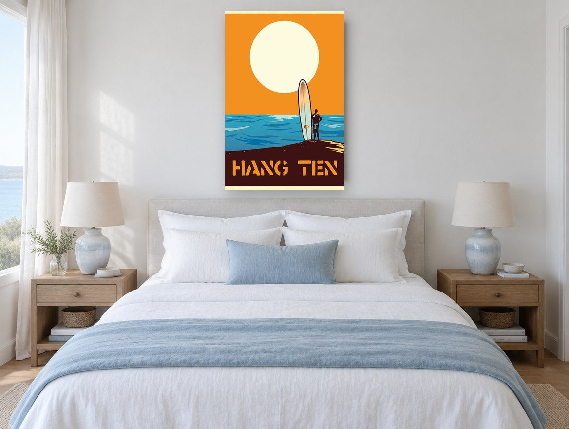 Surfer at Sunset Poster coastal canvas print on the wall of a coastal bedroom