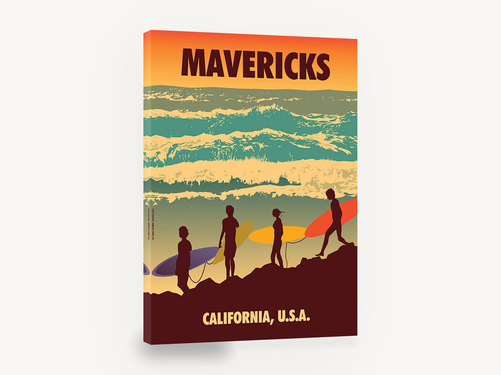 Dawn Patrol Surfers, mavericks surfers retro poster, coastal canvas wall art print ready to hang