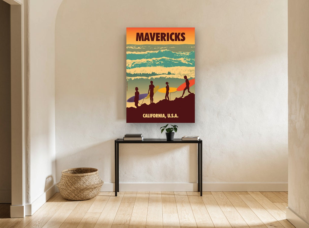 Dawn Patrol Surfers coastal canvas print on the wall of a hallway